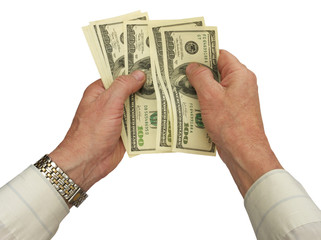Men's hand recount bundle of dollars