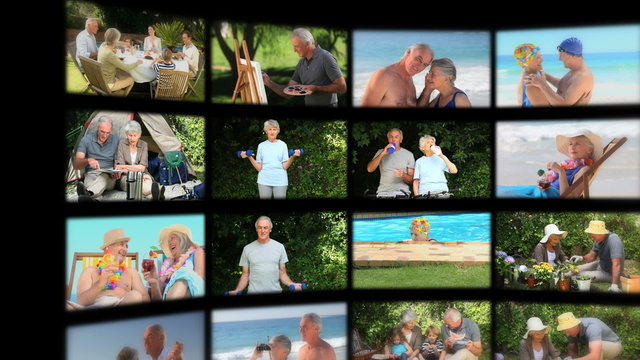 Montage of elderly couples relaxing