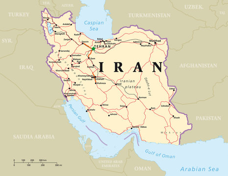 Iran political map with capital Tehran, national borders, most important cities, rivers and lakes. English labeling and scaling. Illustration.