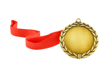 Gold medal with red ribbon isolated on white