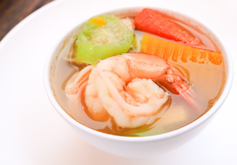 Mixed vegetable soup with shrimp.