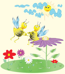 Cute cartoon bees on the flower