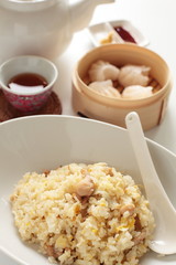chinese cuisine, fried rice and steamed shrimp gyoza