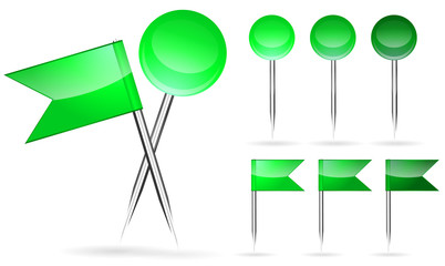 green flag and round pin isolated on white background