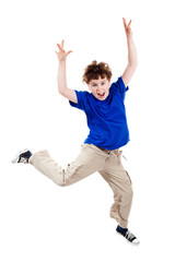 Boy jumping, running isolated on white background