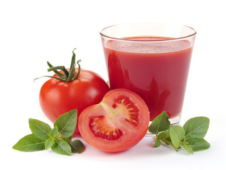 glass of tomato juice and fruits