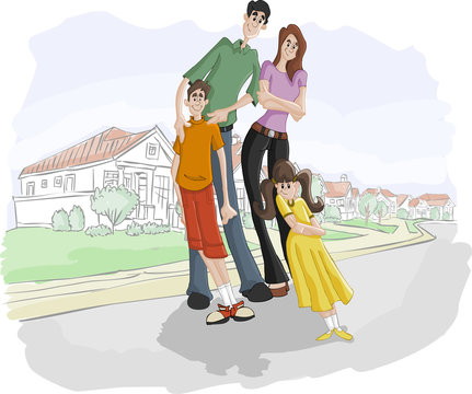 A happy cartoon family with kids on suburb street