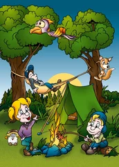Fotobehang Bosdieren Camping - Cartoon achtergrond afbeelding