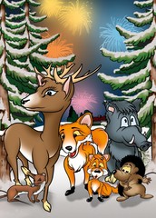 Dieren en vuurwerk - Cartoon achtergrond afbeelding