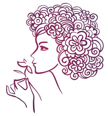 Beautiful woman with flower, linear illustration