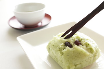 Japanese confection, steamed cake with tea