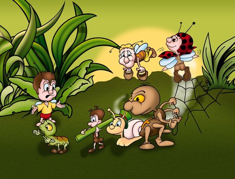 Insect World - Cartoon Background Illustration, Bitmap