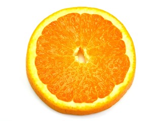 A close up slice of orange on white background