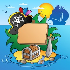 Bord auf Pirateninsel mit Schiff