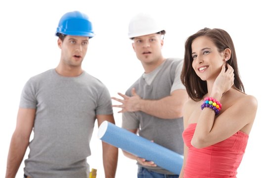 Contractor workers staring at pretty girl