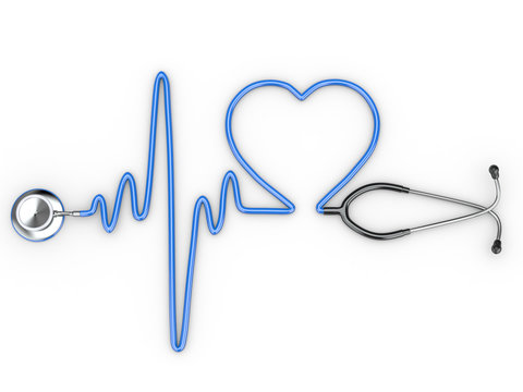 Stethoscope and a silhouette of the heart and ECG