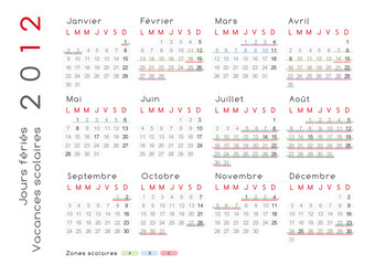 Calendrier 2012, jours fériés et vacances, français
