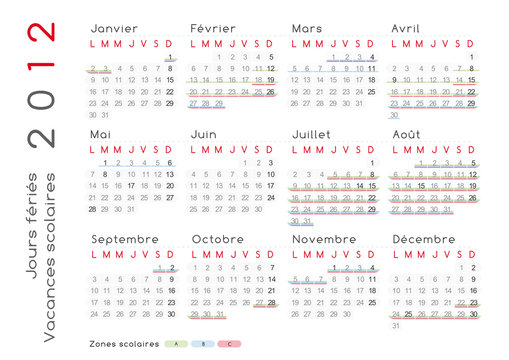 Calendrier 2012, jours f&eacute;ri&eacute;s et vacances, fran&ccedil;ais