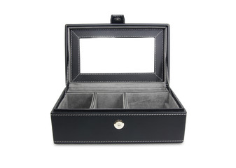 black leather open box on white