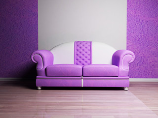 Modern  interior design with a white and violet sofa