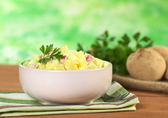 Obraz na płótnie Canvas Potato salad seasoned with a mayonnaise dressing