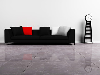 Modern  interior design with a black sofa and a clock