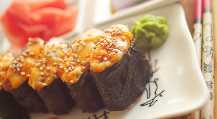 hot sushi on plate with wasabi