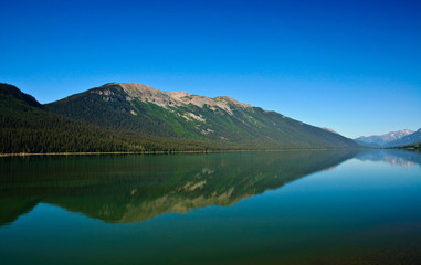 Fototapeta na wymiar Calm tranquil lake showing reflection of mountains in Canada