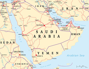 Obraz premium Arabian Peninsula political map with capitals, national borders, most important cities, rivers and lakes. Illustration with English labeling and scaling.