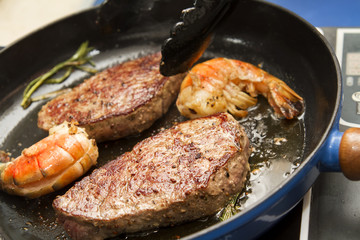 Filet of charolais beef with prawns