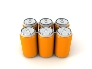 3d illustration of six orange aluminum cans