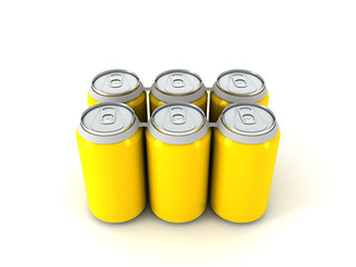 3d illustration of six yellow aluminum cans