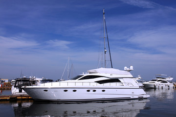 yacht at a berth over blue sky