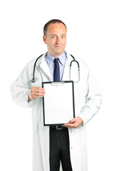 Medical doctor with stethoscope holding a blank clipboard