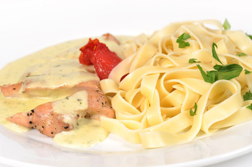 Close up photo of a bowl of chicken with pasta