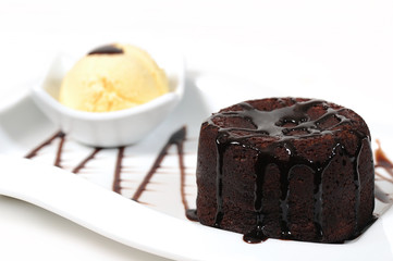black truffle brownie cake with chocolate sauce