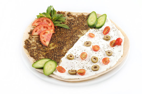 Lebanese Food Of Manakish Of Zaatar & Labneh With Veggies On Top