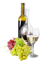 Red and white wine, with bunches of grapes