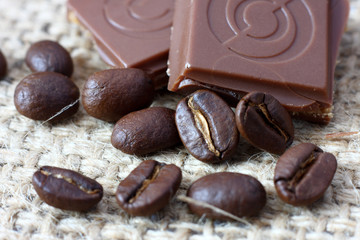 Cubes of chocolate coffee beans background