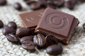 Cubes of chocolate coffee beans background