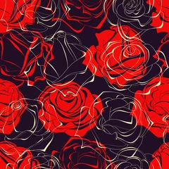 Papier Peint photo Fleurs abstraites Roses rouges sur modèle sans couture de fond sombre