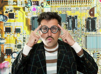 Genius nerd electronic engineer tech man thinking - obrazy, fototapety, plakaty