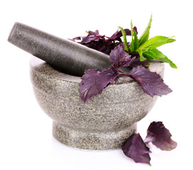 basil and mortar isolated on white