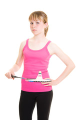 Girl with a racket on a white background.
