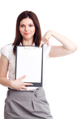 Young businesswoman showing contract.