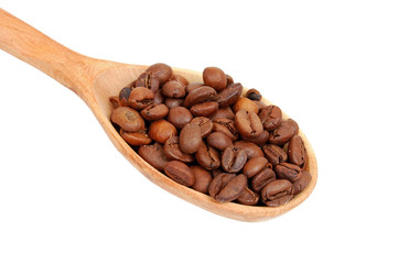 Coffee beans in wooden spoon, isolated on a white background