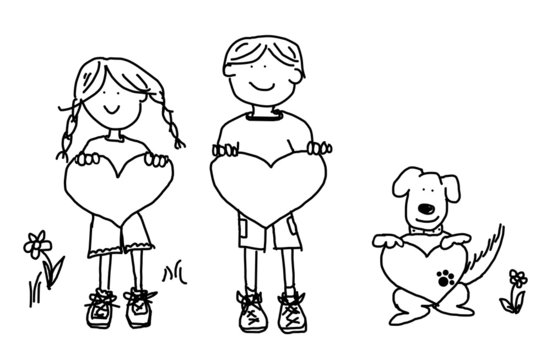 Boy, girl, and dog cartoon holding heart shape sign