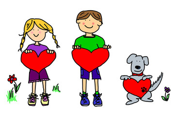 Boy, girl, and dog cartoon holding heart shape sign