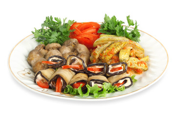 Vegetable marrows, eggplants, mushrooms with tomatoes and parsle