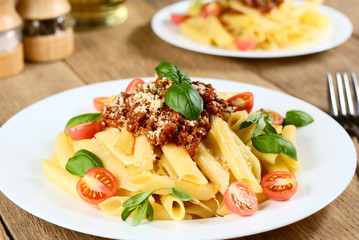 Pasta rigatoni on the white plate